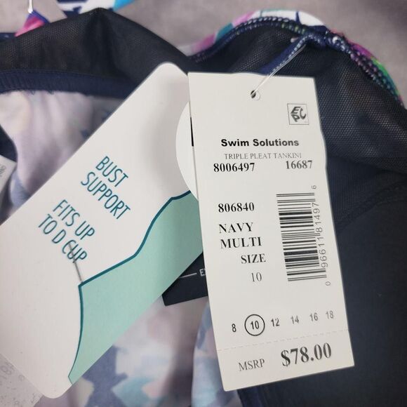 Swim Solutions Tankini Top Womens 10 Navy Multi Triple Pleat Floral D Cup 806840 - Picture 9 of 10